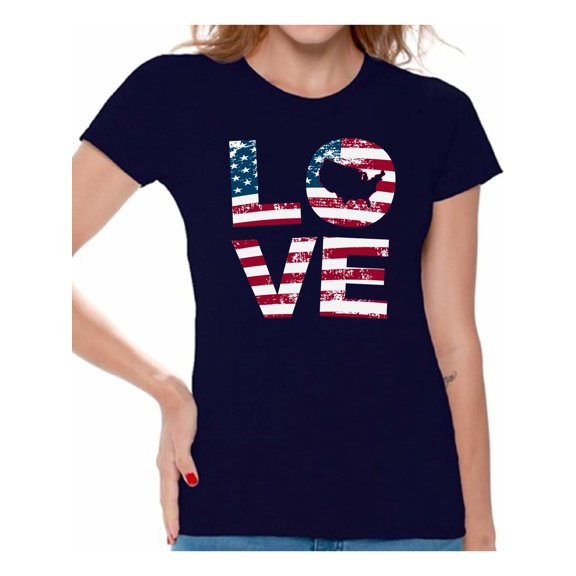 Awkward Styles Women's Love American Flag Graphic T-shirt Tops USA Flag Stars and Stripes Patriotic Gift