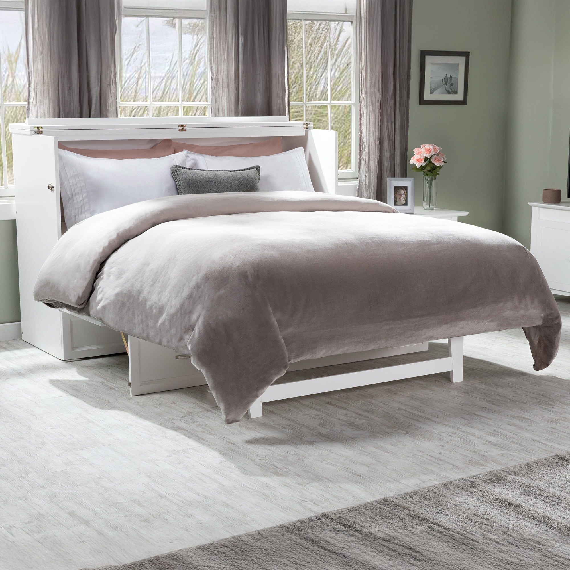 AFI Deerfield Queen Solid Wood Murphy Bed Chest with Mattress, Drawer & Charger in White