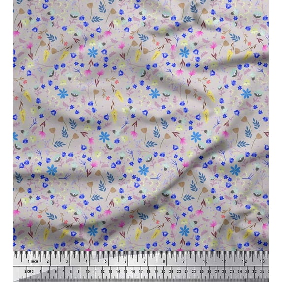 Soimoi Gray Poly Georgette Fabric Leaves,Insect & Floral Artistic Fabric Prints by Yard 42 Inch Wide