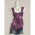 thumbnail image 3 of Purple Floral Print Asymmetrical Hem Tie-Front Ruched Peplum Mesh Tank Top For Women, 3 of 8