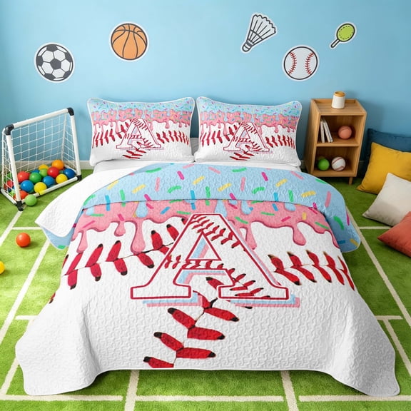 Manfei Girls Baseball Twin Quilt Set, Cute Monogrammed A Twin Coverlet Set, Pink Light Blue A, Polka Dots Reversible 2 Pieces, 1 Bedspread and 1 Pillowcase