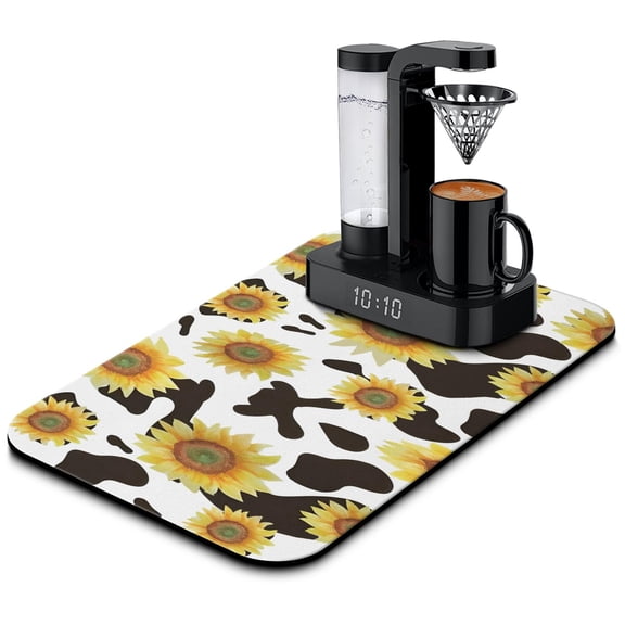 Washable Rubber Sunflower Cute Floral Dish Drying Mats for Kitchen Counter Home Large Coffee Bar Pad Accessories and Decor for Utensils Stemware 19.5''x12''