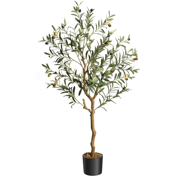 Árbol oliva artificial 4ft con tronco y frutos realistas, juego de 2 plantas para decoración falsa