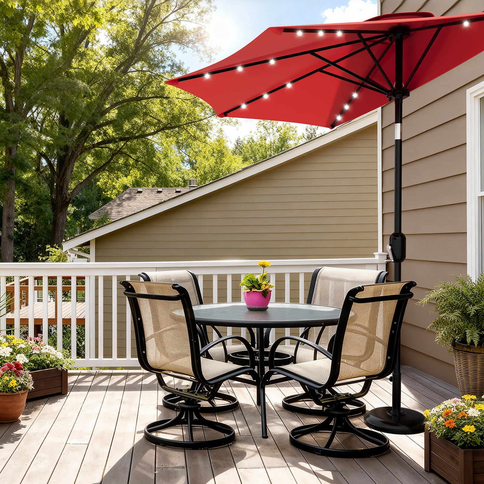 Patio Umbrella 9FT - Half Umbrella Outdoor with Solar LED Lights and Smooth Crank Lift,Outdoor Market Solar Umbrellas for Garden, Deck, Backyard, Pool and Beach