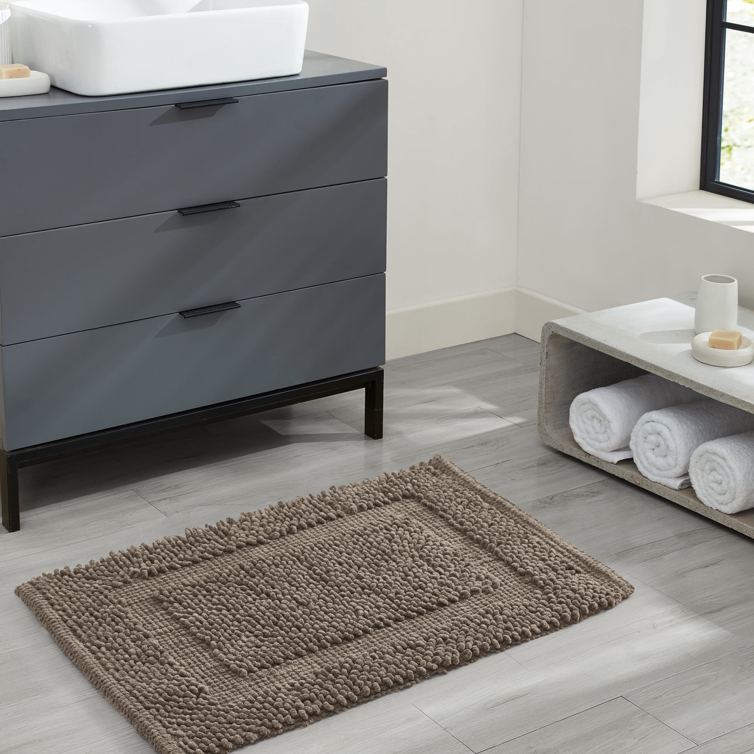 Jean Pierre New York Sophie Border 100% Cotton Bath Mat - Non-Slip Bath Rug - Brown Cappuccino - 17" x 24"
