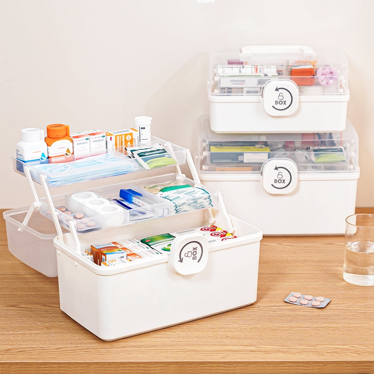 Two Tray Multi-Purpose Storage Case Organizer for Medicine Makeup and Arts Crafts, Cream White, Medium