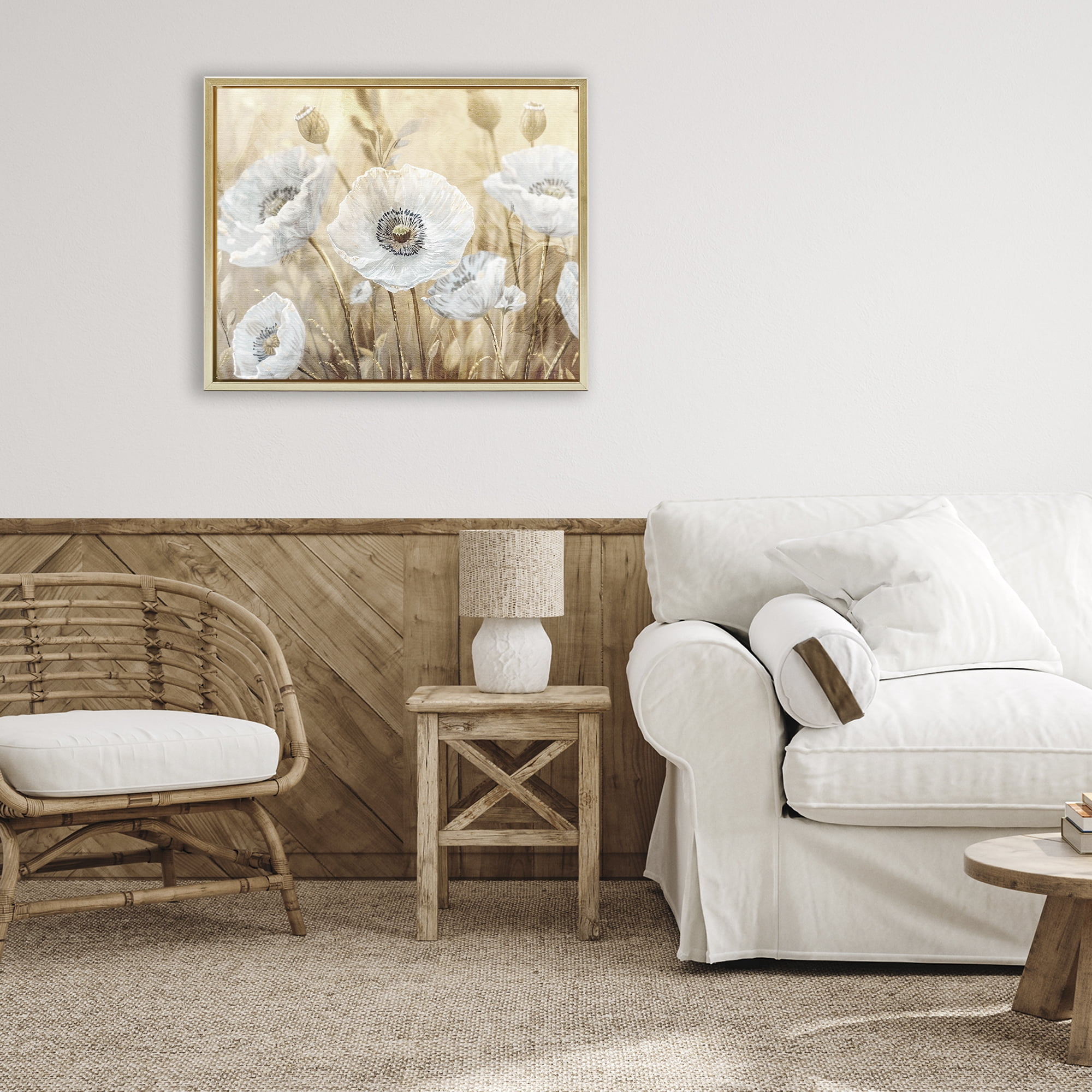 Stupell Industries White Poppies Beige Field Gold Framed Floater Canvas Wall Art, design by Kim Allen