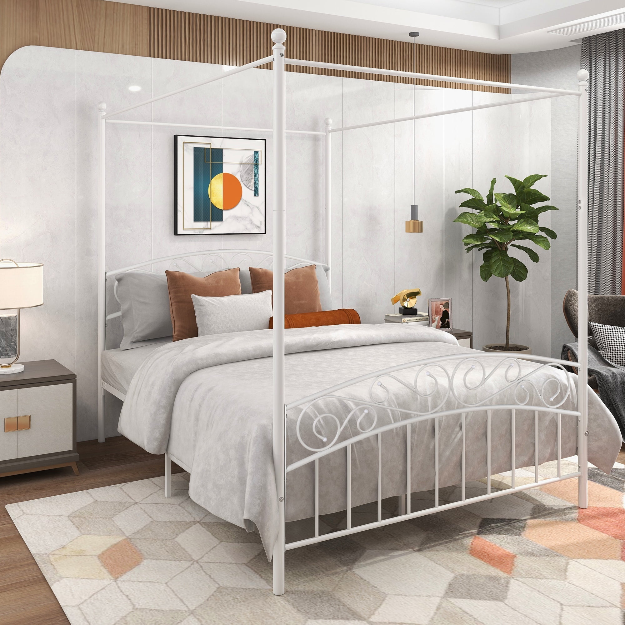 Four Poster Bed Frame Canopy Queen Size Modern Platform Bedroom Furniture White 