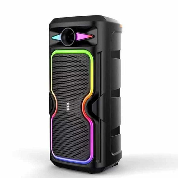 Altavoz 20W, TWS 5.2, Dual 8” Woofers, Luces RGB, FM/USB/TF/Mic, Batería 18650 Recargable