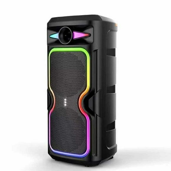 Altavoz 20W, TWS 5.2, Dual 8” Woofers, Luces RGB, FM/USB/TF/Mic, Batería 18650 Recargable