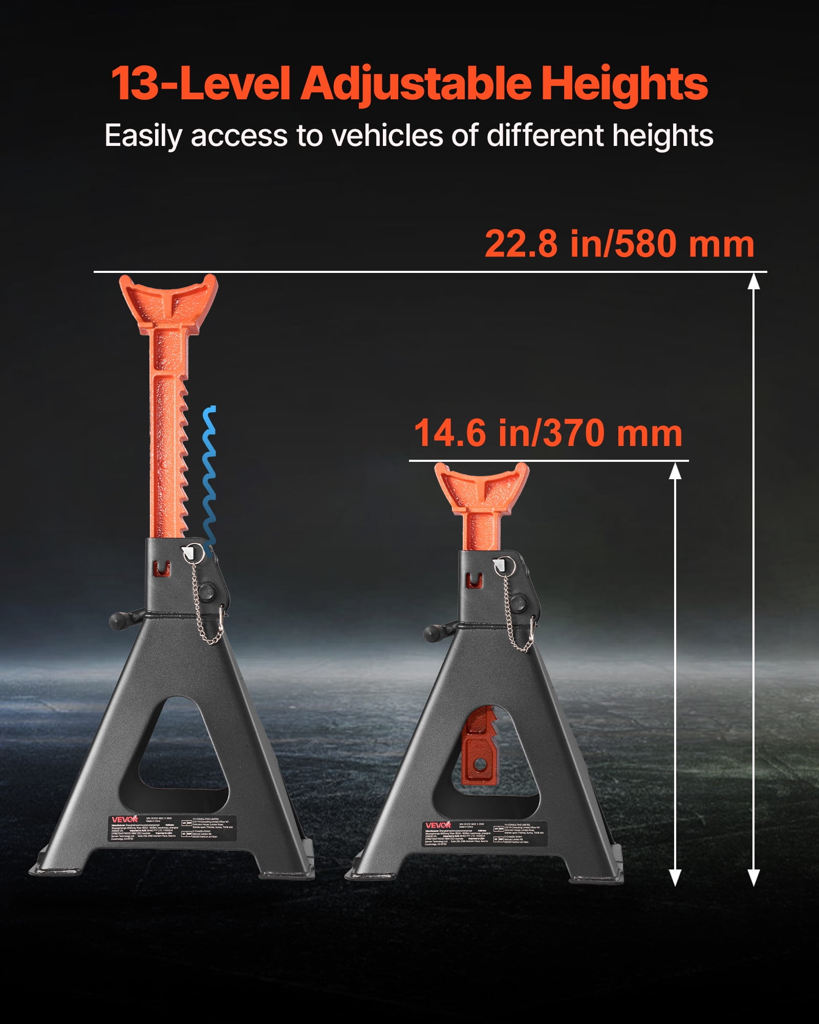 VEVOR Jack Stands, 6 Ton (13,000 lbs) Capacity, 14.6-22.8 in Adjustable Height, Heavy Duty Steel Jack Auto Stands with Double Locking, for Lifting RV, Small Truck, Car, SUV, 1 Pair, Black and Orange