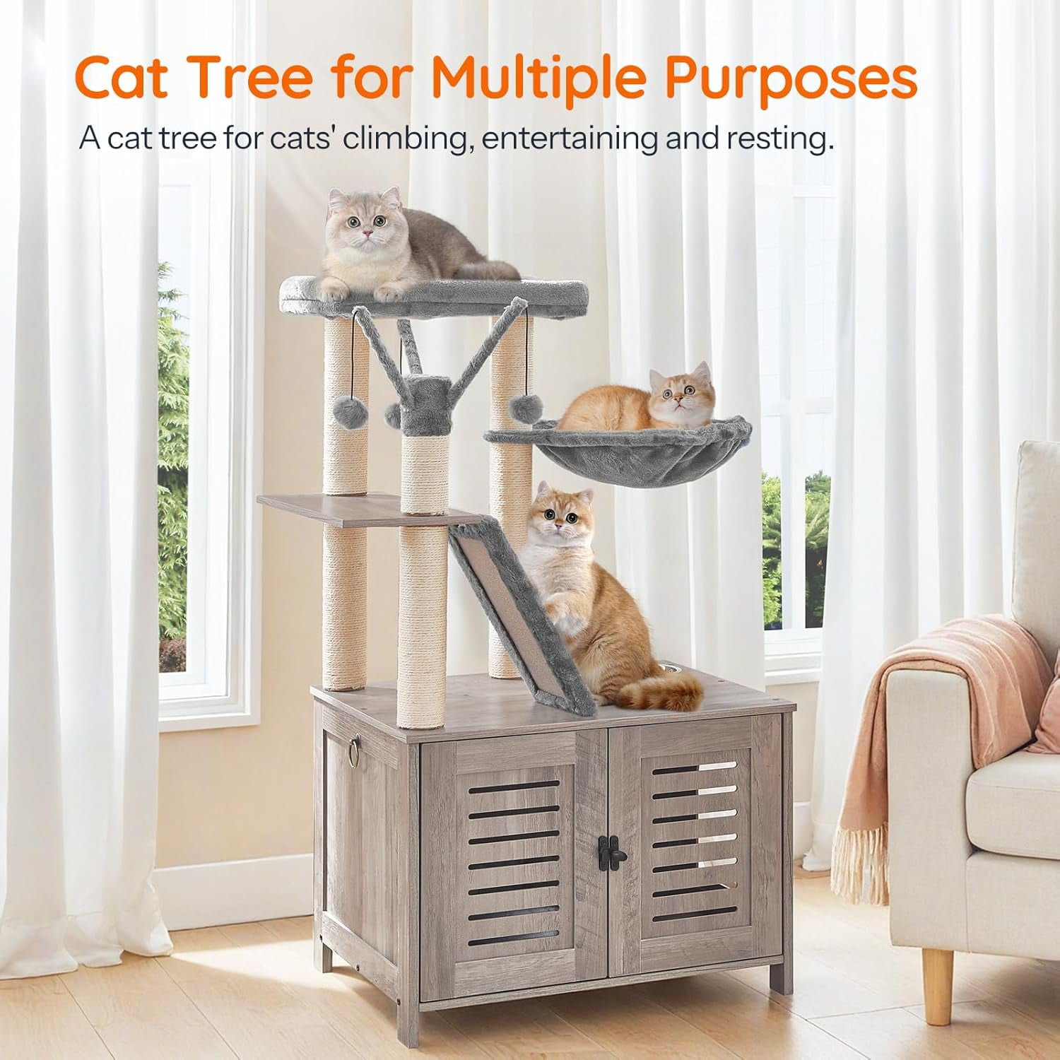 Cat Tree with Litter Box Enclosure, 44" Tall Wooden Cat Tower with Scratching Posts, Cat Hammock, Hidden Litter Box Furniture, All-in-One Indoor Cat Condo, Greige BG48MZ03