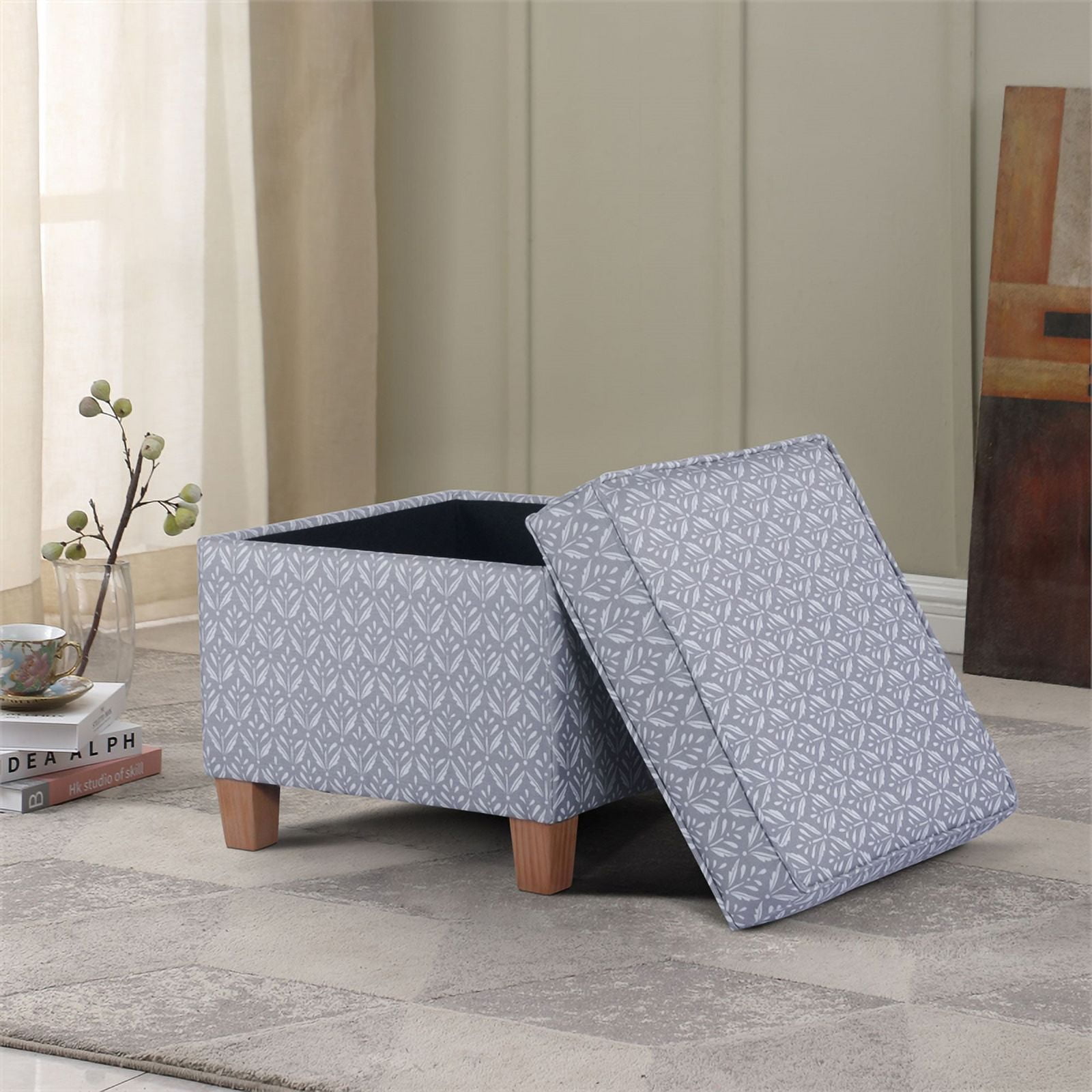 HomePop Square Storage Ottoman, Light Gray Print
