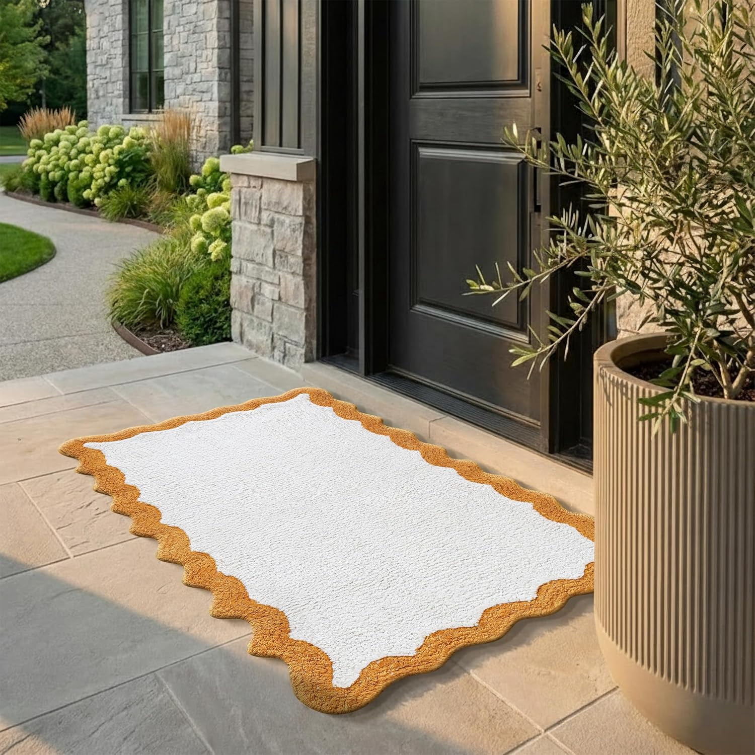Savi Home 100% Cotton Scalloped Bath Mat with Anti-Skid Backing, Mustard, 20" x 32"