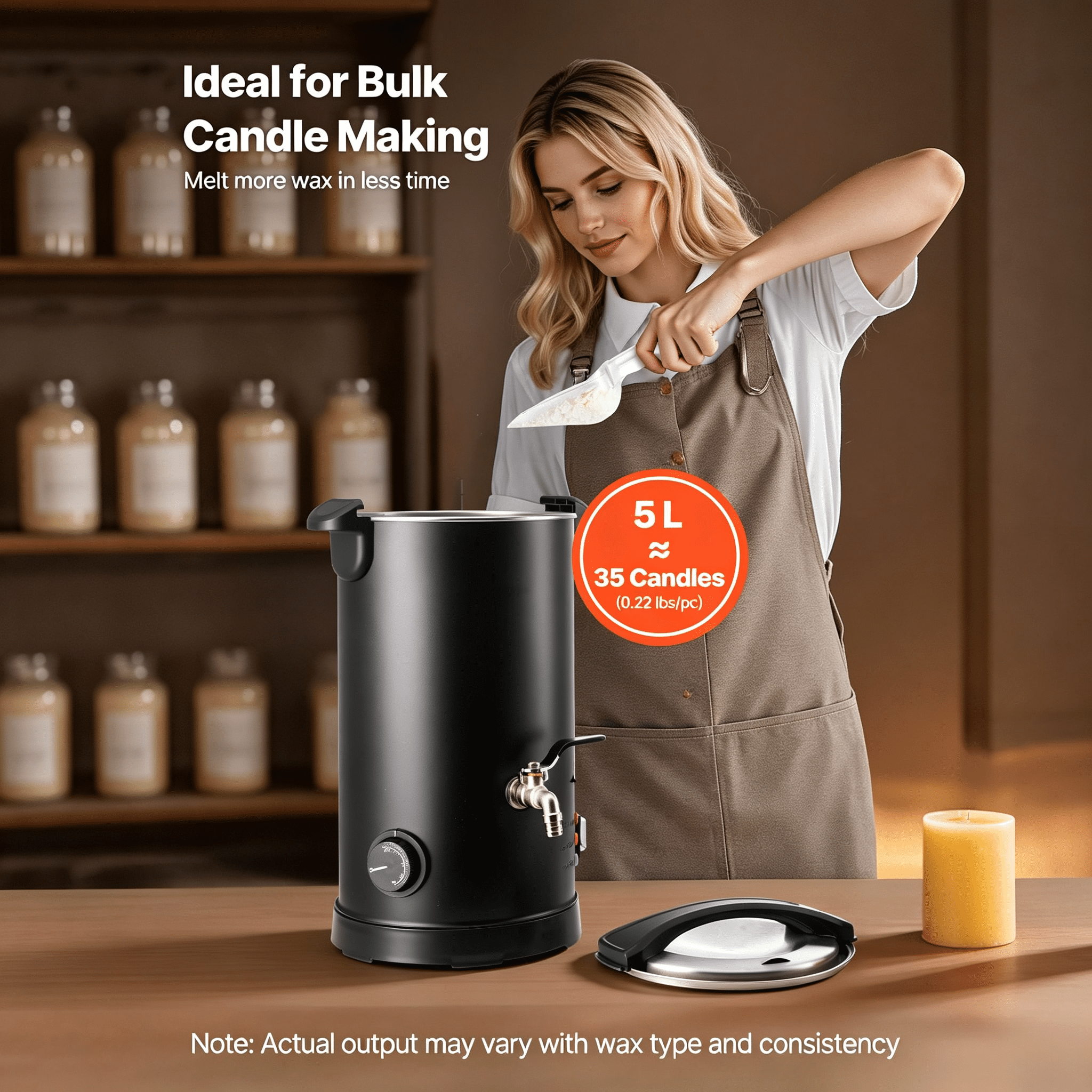 Wax Melter for Candle Making 5.3 Qts, 1100W Fast Heating, 86-230°F Temp Control, Easy Pour Spout, Hourglass Base for Soap Cosmetics