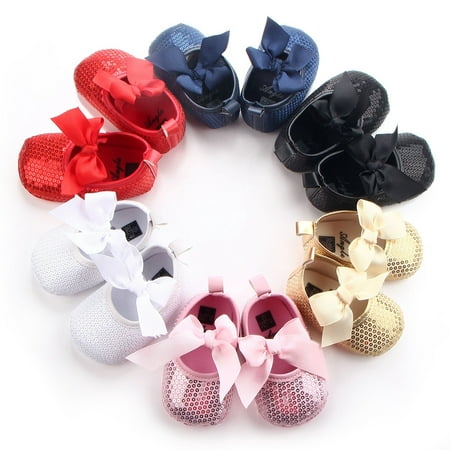 Kacakid Baby Girls Bow PU Leather Bling Frist Walkers Shoes Soft Soled Non-slip Footwear Crib Soft Bottom Anti-slip Shoes