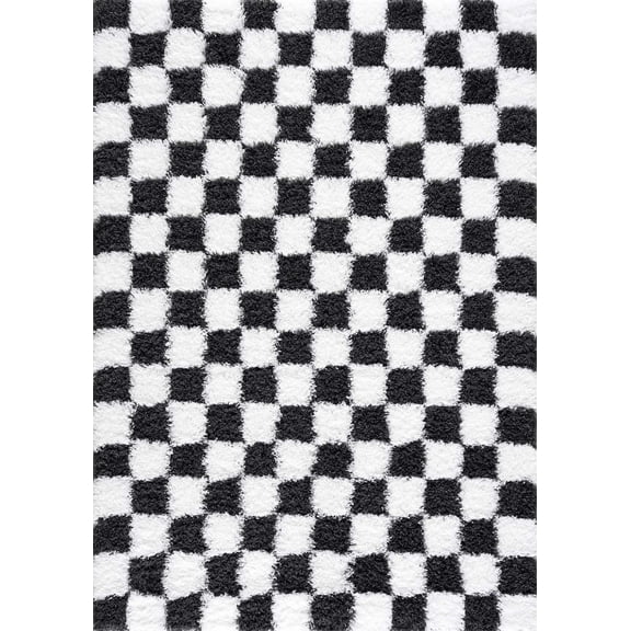 BoutiqueRugs Atira Black and White Modern Checkered Shag - High Pile Fluffy Shaggy Carpet -Kids Room, Nursery, Living Room, Bedroom, Playroom - White, Black - 8'10" x 12' (9x12)