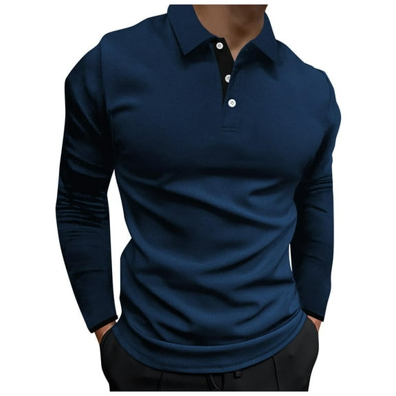 GuangCheng George Men Long Sleeve Shirts Textured Soft Comfort Slim Fit Contrast Placket Button Classic Casual Blouses,Navy,S