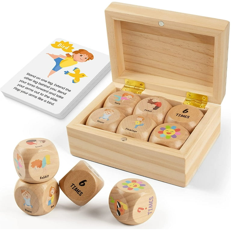 Homotte Wooden Yoga Dice Set for Kids and Adults, Fun Workout Game with 6  Exercise Dice, 12 Yoga Cards & Gift Box, Mindfulness Yoga Gifts for Women 