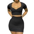 thumbnail image 1 of Txlixc Traje casual para mujer, manga corta, color sólido, tops cortos de corte bajo y falda corta de cintura alta Txlixc Moda, 1 of 4
