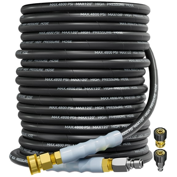 100FT 3/8" 4800PSI Pressure Washer Hose with Swivel Quick Connect for Cold/Hot Water Max 248°F, Kink Resistant Steel Wire Braided, Wear Resistant Black Power Washer Hose with M22 14mm Adapter