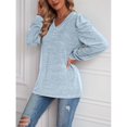 thumbnail image 3 of Camiseta básica azul claro para mujer, color puro, talla L, camisa abullonada de manga larga con cuello en V, 3 of 6