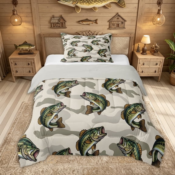 Feelyou Camo Largemouth Bass Fish Wildlife Twin Comforter Sets for Men Kids, Deep Ocean Bedding Set, Beige, Grey Reversible, 2 Pieces