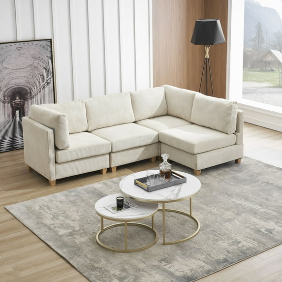 Modern Free-Combination Sofa,Modular L-Shaped Couch with Cushion,Corduroy Fabric Convertible Sectional Sofa Set,Comfortable Couch with Sturdy Wooden Leg,Furniture for Living Room,Beige