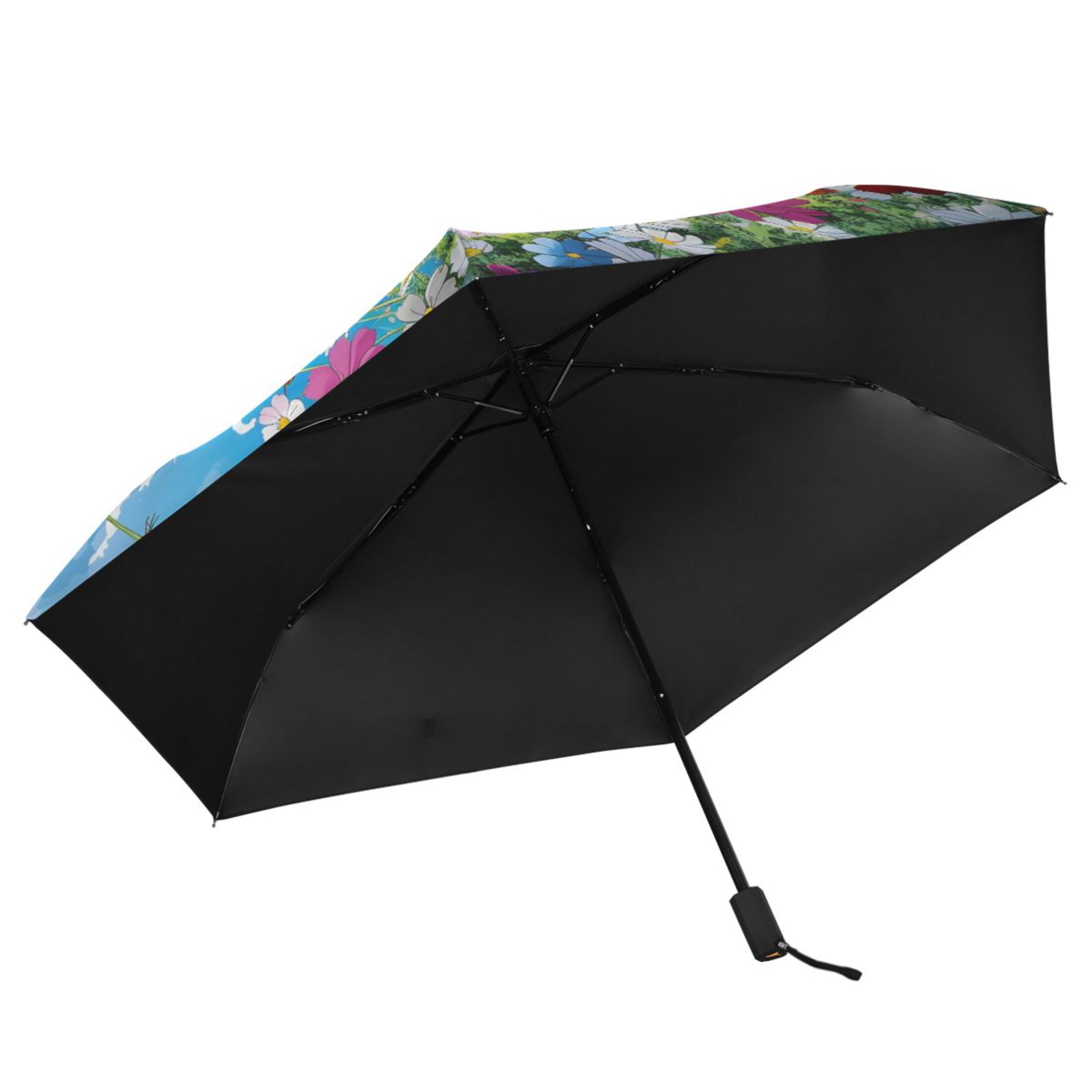 Sky Clouds Flowers All Weather Umbrella Triple Folding Parasol 6 Ribs UV Protection Portable