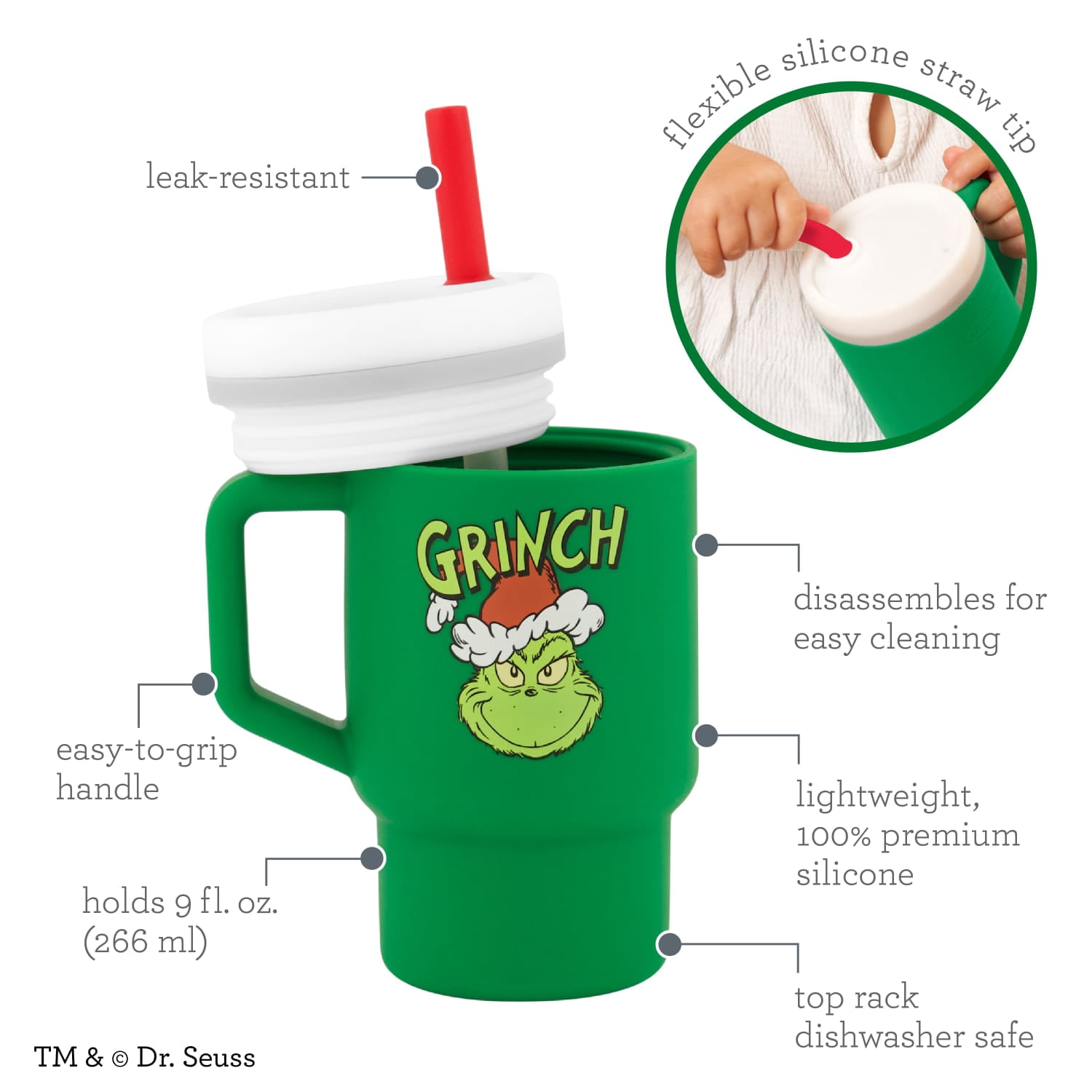 Infantino My 1st Tumbler – Adorable 9 oz. Training Cup with Toddler-Friendly Straw and Handle, Grinch Green