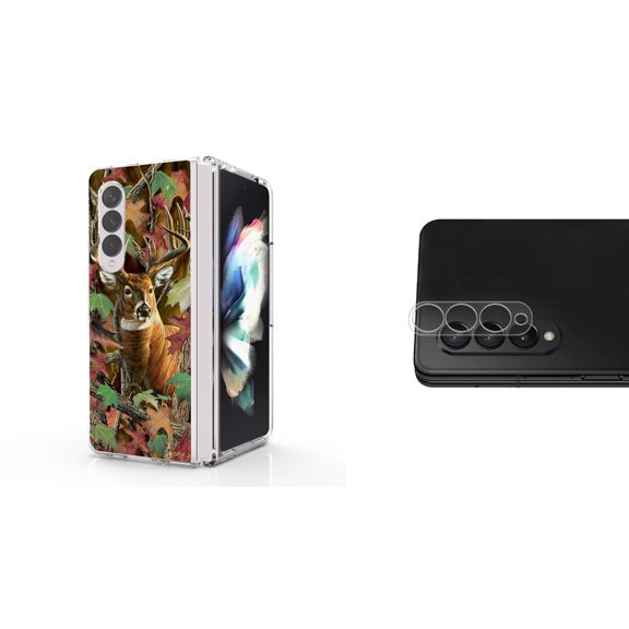 Accessory Bundle for Galaxy Z Fold 4: Slim Snap-On Case (Hunter Camo Deer), Rear Camera Glass Protector
