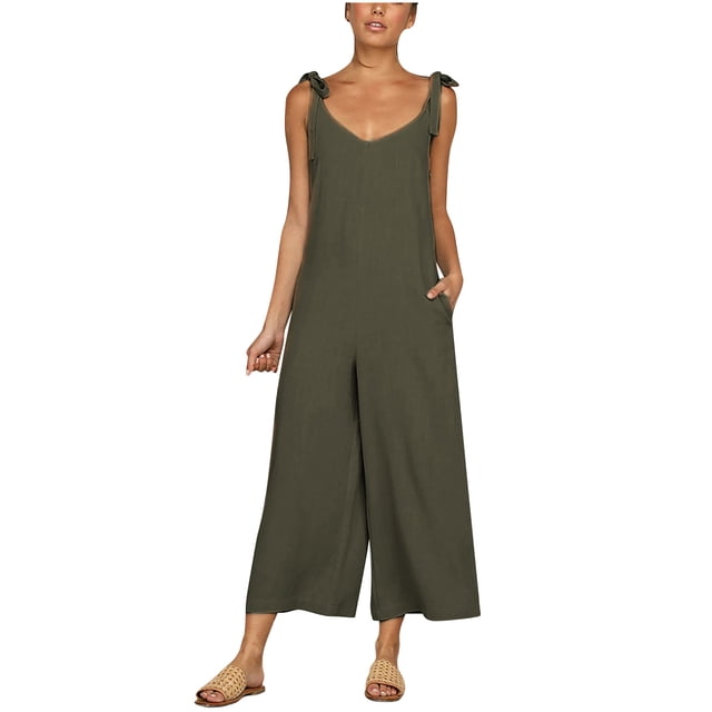 fartey Cotton Linen Jumpsuits for Women 2023 Breathable Sleeveless V Neck Pockets Overalls Relaxed Adjustable Strap Solid Color Rompers