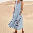 thumbnail image 2 of Robes en Lin Grande Taille pour Femmes Sans Manches à Col Rond à Imprimé Floral Boho Hawaïennes Robe d'Été Décontractée Légère Fluide Midi avec Poches Robe Bleu Pâle, Taille P-5TG, 2 of 6