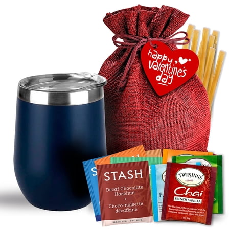 Bellina Tea Gift Baskets for Women and Men - Valentines Day - Insulated Cup, 20 Premium Teas, 10 Honey Straws, Gift Tag & Bag