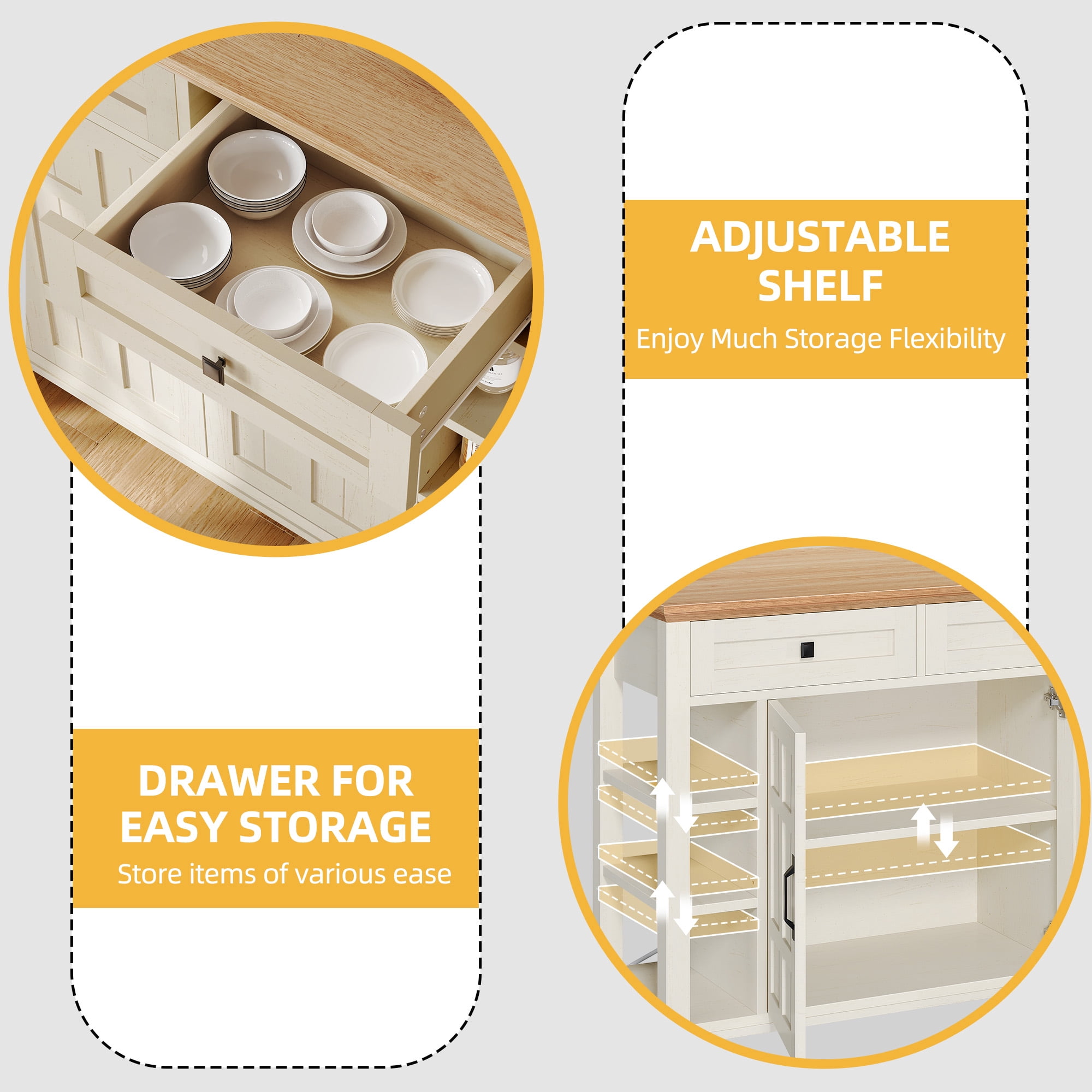 DWVO Kitchen Storage Cart with Power Outlets, Rolling Kitchen Island with Storage Shelves and Drawers, off-White