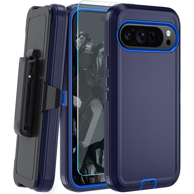KOMI Phone Case for Google Pixel 9 Pro XL Case with HD Screen Protector, Pixel 9 Pro XL Case Heavy Duty Durable Shockproof 2-Layer Cover for Google 9 Pro XL with Belt Clip-Dark Blue