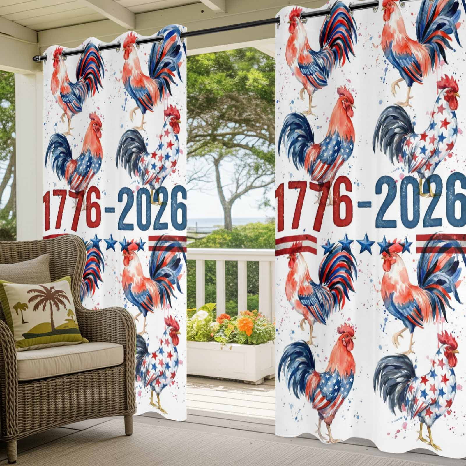 Independence Day Outdoor Curtains for Patio, Watercolor Red Blue America Flag Rooster Sunshade Privacy Drapes Grommet Waterproof Outside Curtains for Porch/Cabana/Balcony 54"x 108", 1 Panel