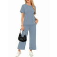 thumbnail image 4 of Women'S Leisure Travel Vacation Wear Two-Piece Suit Short Sleeve Wide Leg Pants Casual Suit Blue XL, 4 of 6