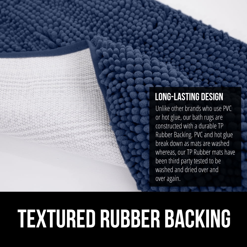 GORILLA GRIP Chenille Bath Rug 24x16, Rubber Backing Quick Dry Washable Microfiber Mats, Navy