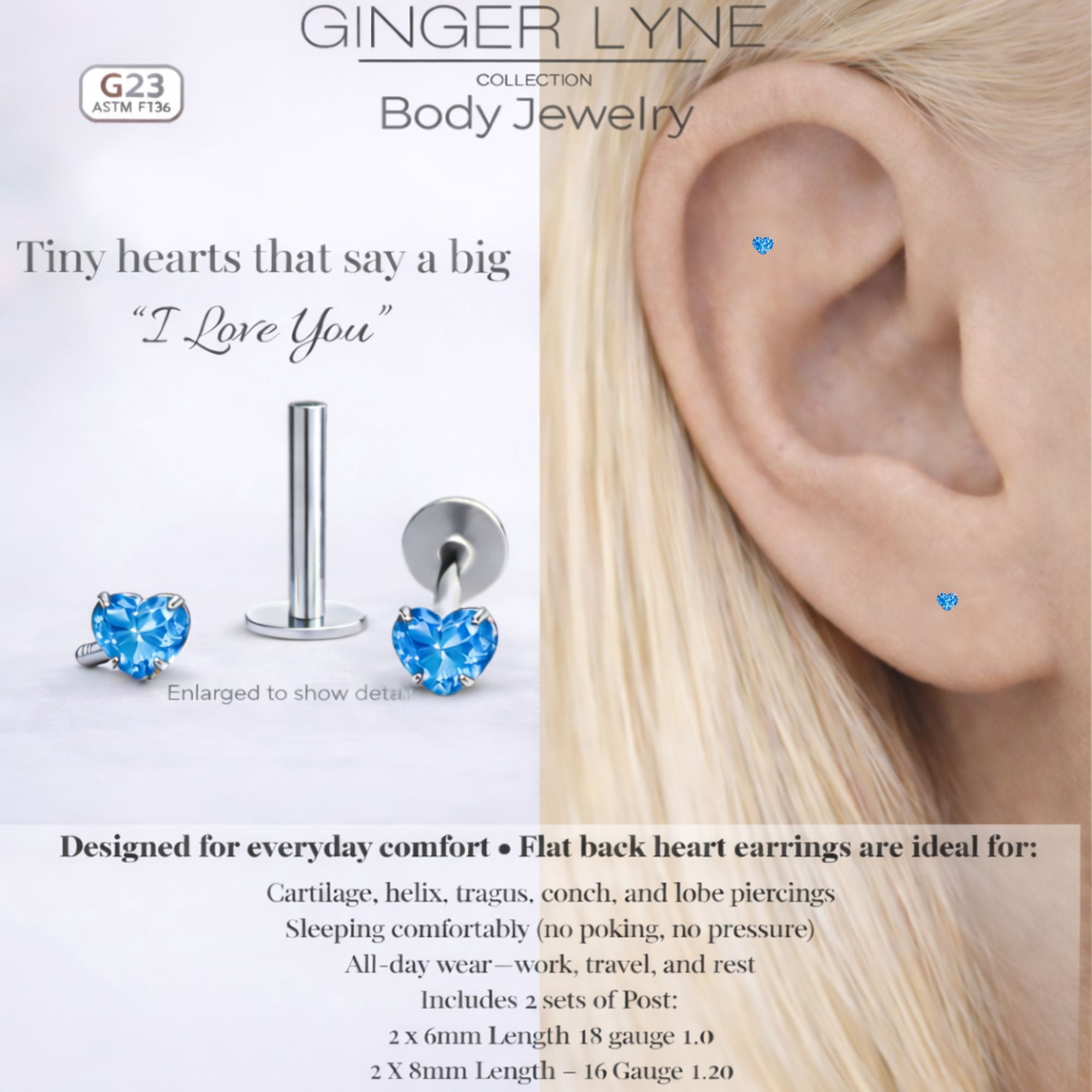 Small Heart CZ Solitaire Flat Back Stud Earrings Titanium Body Piercings by Ginger Lyne 2 Sets Post 6mm 8mm