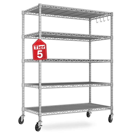 TrumanPick 5-Tier Storage Shelves 81"H x 48"W x 24"D Heavy Duty Garage Shelving Unit with Wheel & Feet, Height Adjustable Wire Shelf for Kitchen Pantry, Chrome