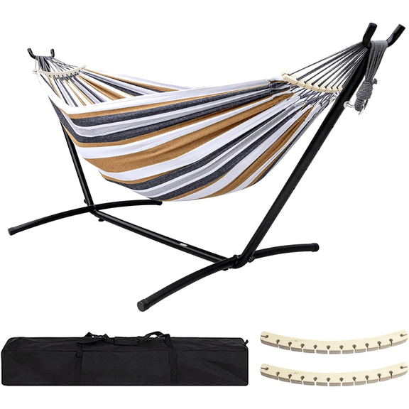 Double hammock with frame, 450 lb load-bearing steel frame, comes with a premium storage bag and two roll bars. Portable hammock, suitable for backyard, camping and garden use.