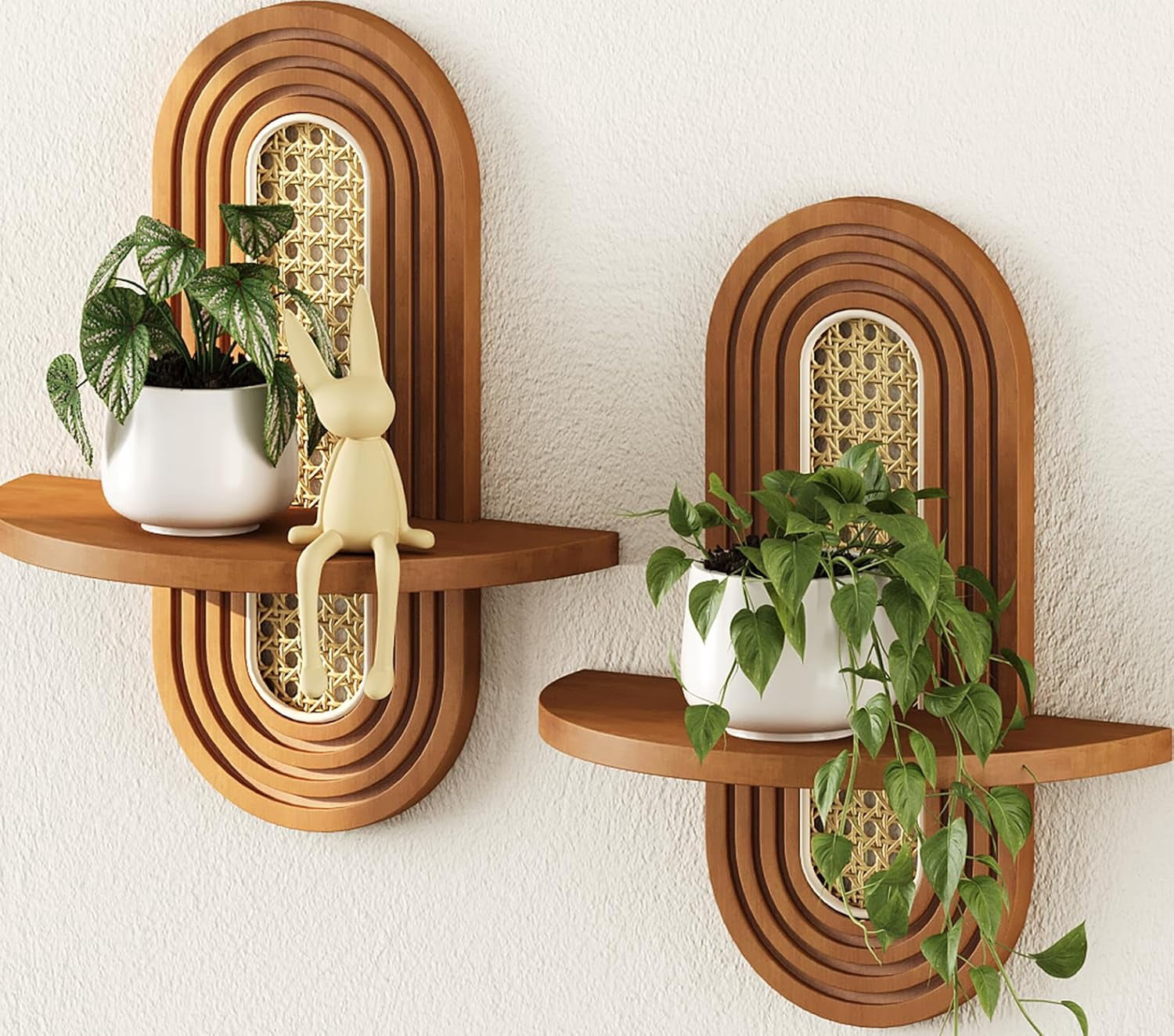 NOUGFVZP 1-Pack Floating Shelves for Wall, Boho Rattan Plant Shelf, Mid Century Small Decorative Shelf Wall-Mounted, Natural Wood Shelves for Living Room,Bedroom,Nursey Room (Matural)
