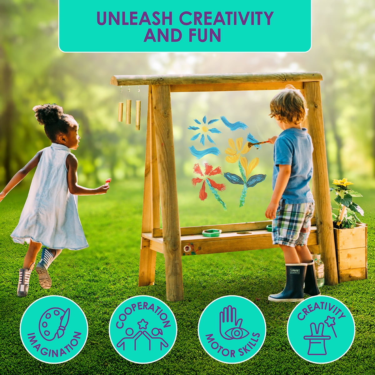Plum Discovery Art Easel for Kids- Outdoor Wooden Painting Easels with Paint Brush and Accessories, Learning Toys for Toddlers, Wood Planter Box, Durable, Weatherproof, Ages 3+ Years Up