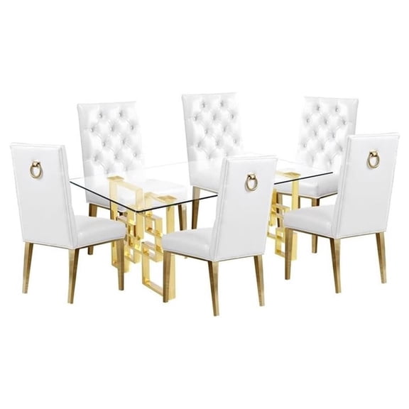 7 Piece Dining Set with Rectangular Clear Glass Top and Gold Stainless Steel