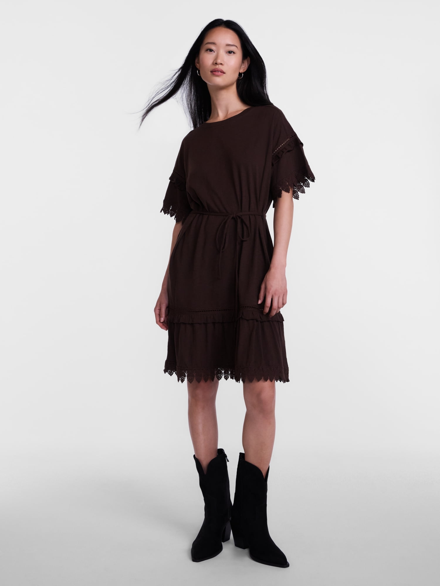 Scenario Women's Lace Trim Knit Dress with Short Sleeves, Sizes XS-XXXL
