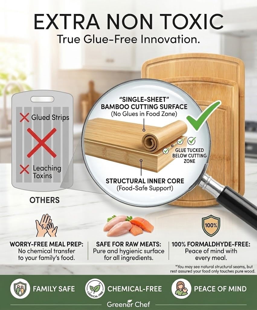 Greener Chef Luxury Bamboo Cutting Board Set of 3, Glue-Free Surface Technology, Extra Spacious XL Wood Kitchen Chopping Boards, Lifetime Replacement