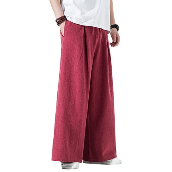 Lumtrix Mens Cotton Linen Pants Wide Leg Baggy Pants Elastic Waist Casual Summer Beach Palazzo Trousers with Pockets Wine XL