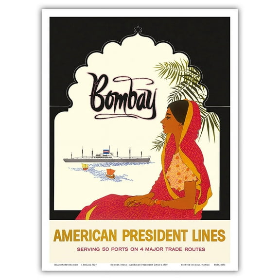 Bombay Mumbai India - Indian Woman in Red Sari - American President Lines - Vintage Ocean Liner Travel Poster c.1959 - Master Art Print (Unframed) 9in x 12in