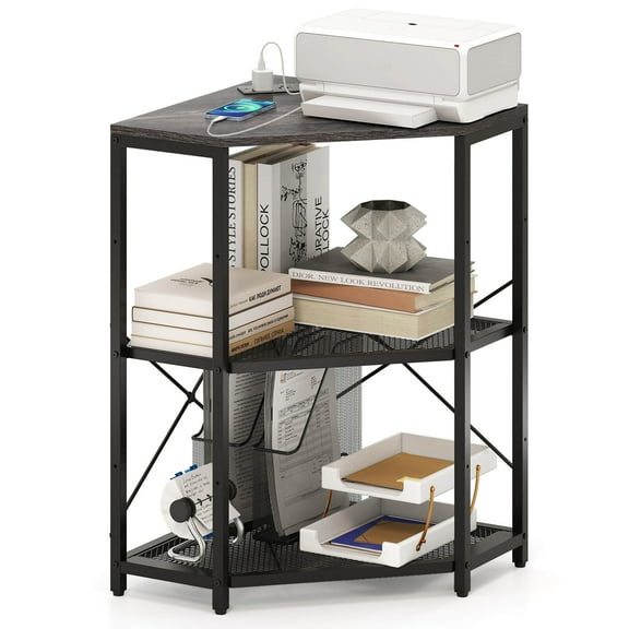 Costway Corner Printer Stand with Charging Station Adjustable Metal Mesh Shelf Black